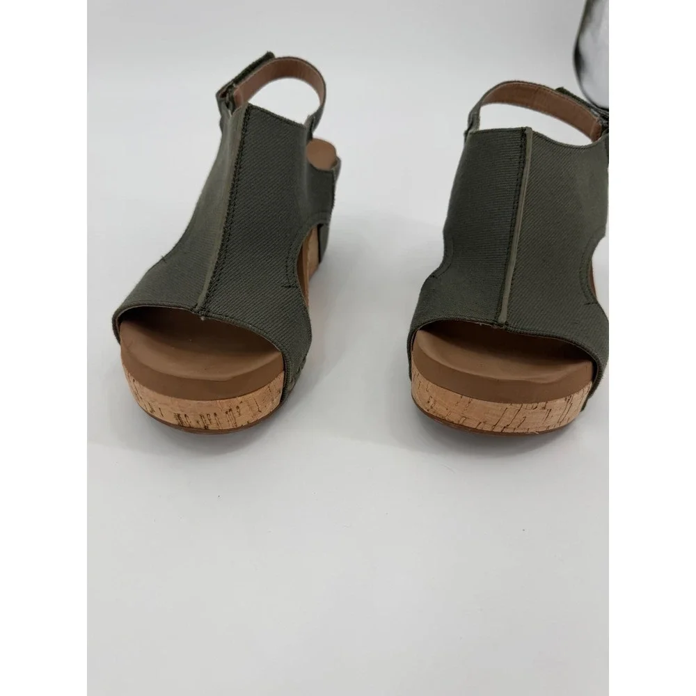 Corkys Carley Olive Green Canvas Cork Wedge Studded Slingback Sandals Womens 7